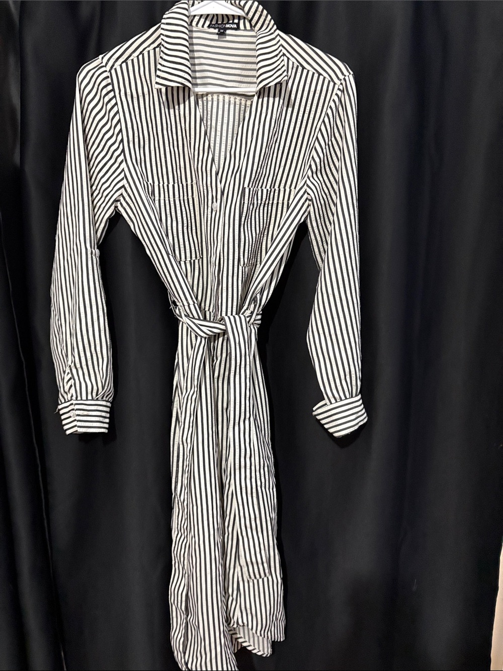 Button-Front Black and White Striped Shirt Dress with Waist Tie